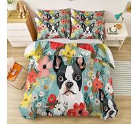 Duvet Cover Sets Double Size (200 X 200 Cm) Plants Boston Terrier Wildflowers Sky Blue - 3 Pcs Bedding Set With 2 Pillowcases, Soft Polyester Cotton Adults Quilt Cover With Zipper