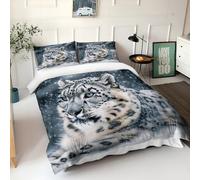 Duvet Cover Sets Double Size 200x200 cm Animal Print Snow Leopard Printed Duvet Cover Sets, Grey Bedding Set 3 PCS With Pillowcases Ultra Soft Anti Allergic Non Iron Microfiber for Children