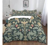 Duvet Cover Sets Double Size 200x200 cm William Morris Strawberry Thief Printed Duvet Cover Sets, Green Bedding Set 3 PCS With Pillowcases Ultra Soft Anti Allergic Non Iron Microfiber for Children