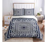 Duvet Cover Sets Double Size - 3 Pieces Dark Blue And White Square Pattern Elegant Abstract Classical Art Microfiber Polyester Bedding Set, Ultra Soft Quilt Duvet Cover 200X200Cm With 2 Pillowcases