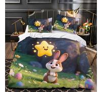 Duvet Cover Sets Double Size Rabbit Cartoon Boy Man Bedding Set with Zipper Meadow Flowers Nature for Kids Teens 3 Pieces Microfiber Comforter Cover 3D Quilt Cover
