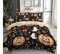 Duvet Cover Sets Halloween Theme Pumpkin Ghost Leaves 200 x 200 cm Premium Microfiber Bedding Sets, Beige Soft Reversible Duvet Covers With Zipper Closure, For Kids Luxury Bedding Set