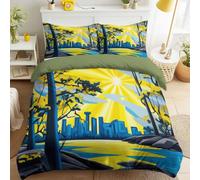 Duvet Cover Sets King Size, Duvet Covers Modern Abstract Cityscape River Sunlight Trees Geometry with Pillowcases, Bedding set Brushed Microfiber 90" x 87" for Kids and Adults
