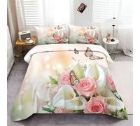 Duvet Cover Sets Pink White Style Single, Beautiful Flowers Insects Printed Quilt Cover Duvet Cover Set Easy Care Quilt Covers With Pillowcases Ultra Soft Comforter Cover with Zipper Closure