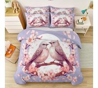 Duvet Cover Sets - Premium Microfibre Birds Floral Reversible Printed Duvet Cover Sets - Super King Size Ultrasoft Bedding Sets With Pillowcases Zipper Closure, Light Purple
