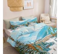 Duvet Cover Sets Retro Style Ski Resort Cable Car Ultra Soft With Zipper Closure And Pillowcases King 230 X 220 Cm For Kid Teens Boys And Girls Man, Modern Bedroom Decor 3 Pcs Bedding Set Blue