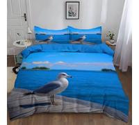 Duvet Cover Sets Single 100% Brushed Microfiber Reversible Hotel Quality, Seagulls Dock Sea Island Coast, Bedding Non Iron Breathable Hypoallergenic Cosy Soft, Easy Care 135 x 200 cm Dark Blue