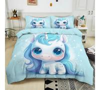 Duvet Cover Sets Single 135x200 cm Cartoon Unicorn Light Blue 3D Print Bedding Quilt Cover Set With Zipper Closure, Soft Hypoallergenic Microfiber Duvet Cover with 2 Pillowcases