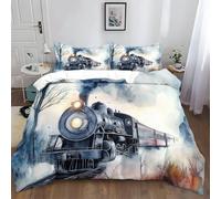 Duvet Cover Sets Single 135x200 cm Watercolor Painting Black Steam Train 3D Printing Duvet Cover Easy Care Bed Linen Soft Cosy Polyester Cotton Bedding Sets with Pillowcases