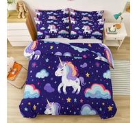 Duvet Cover Sets Single Size Fantasy Unicorns Stars Printed Duvet Cover Set, Purple Brushed Microfiber Hypoallergenic Soft Reversible Bedding Sets with 2 Pillow Cases