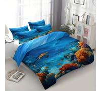 Duvet Cover Sets Super King Size 3 Pieces Blue Bedding Set with Pillowcases, Soft Reversible Natural Landscape Ocean Animal Coral Quilt Cover with Zipper Closure for Teen Kids Boys Girls Adult