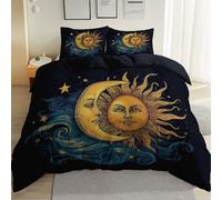 Duvet Cover Sets Super King Size, Reversible Fantasy Celestial Bodies Sun And Moon Printed Bedding Quilt Cover Soft Microfiber Bedding Set with 2 Pillowcases (3 Pieces, 220 x 260 cm) Dark Blue
