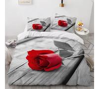 Duvet Cover Single 135x200 cm 3 Piece Set 3D HD Print Red Rose Leaf Plant Microfibre Envelope Zip Corner Straps Non-Slip Design Single Bed Set for Bedroom Hotel All Seasons（2 Pillowcases 50x75 cm）