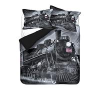Duvet Cover Single Adult 3D Digital Printing Duvet Cover Black Gray Retro Steam Train Theme Bedding Set Microfiber Duvet Set Train Track Pillow Case (Black,135 x 200 cm)