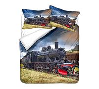 Duvet Cover Single Adult 3D Digital Printing Duvet Cover Black Gray Retro Steam Train Theme Bedding Set Microfiber Duvet Set Train Track Pillow Case (Beige,135 x 200 cm)