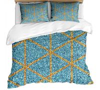 Duvet Cover Single Bed - 3D Modern Stylish Geometric Texture Blue Gold Printed Bedding Set 3 Pcs With Zipper Closure, Ultra Soft Easy Care Microfiber Quilt Covers 135X200Cm With 2 Pillowcases 50X75