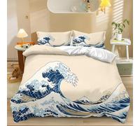 Duvet Cover Single Bedroom Decor 3 Pcs Bed Clothes Japanese Style Wave Background Print Bedding Set Soft Microfiber Easy Care Quilt Cover with 2 Pillow Cases Yellow Blue