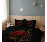 Duvet Cover Single Rose Swirl Flower Premium Microfiber Reversible Duvet Cover, Double 200 x 200 cm 3 PCs - Ultrasoft Hypoallergenic Luxury Quilt Cover Bedding Sets, with 2 Pillow Cases, Black