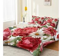 Duvet Cover Single Size 135 x 200 cm Warm Cosy Bedding Set with Zipper Closure, Vintage Plants Roses Daisies Reversible Soft Brushed Microfibre Quilt Cover Set with 2 Pillowcases, Rose Red