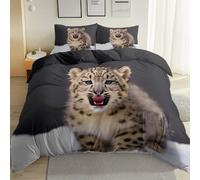 Duvet Cover Single Size Animal Style Snow Leopard Cub Bedding Set Adults with 2 Pillowcases Soft Microfiber Quilt Cover 3PCs with Zipper Closure Easy Care Dark Gray Decor Bedspread Cover, summer