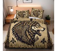 Duvet Cover Single Size Wolf Retro Bedding Set Soft Comforter Microfiber With 2 Pillowcases 50x75cm Runes Art 3D Printed Quilt Cover With Zipper Closure For Kids Aldult