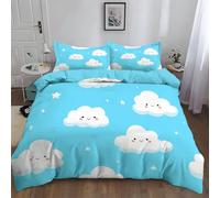 Duvet Cover Small Single Durable Hypoallergenic Microfiber, Cute Clouds Smiley Face Stars, Bedding Set, 2Pcs Quilt Cover 120 x 150 cm with 1 Pillowcase, for Kids Teens Girls Boys, All Season Blue