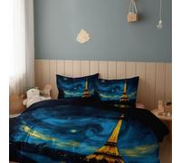 Duvet Cover Starry Night Eiffel Tower Soft Microfibre Polyester Bedding Quilt Cover, Single 135 x 200 cm with Pillow cases Bedding Set With Zipper Closure for All Season Bedding Set, Dark Black