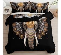 Duvet Cover Super King 3 Pieces Bedding Set Comforter 260 x 220 cm, Lightweight Microfiber Reversible Quilt Cover Decoration, Animals Elephant Lotus Forehead Boys Children with Zipper Closure Black