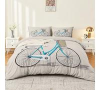 Duvet Cover Super King 3 Pieces Bedding Set with 2 Pillowcases, Retro Bicycle Pastoral Bedding Set Holiday Decor Reversible Halloween Duvet blue beige