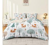 Duvet Cover Super King Autumn Winter Bedding, Childlike Fun Fox Forest Set Ultra Soft Warm Cosy Sherpa Reversible Duvet Cover Set with Pillowcases Green