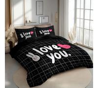 Duvet Cover Super King Black Text Grid Love Rabbit Ears 260 x 220 cm, Soft Comfort Lightweight Premium Microfibre Bedding Duvet Cover Set for All Seasons With Zipper Closure, 2 Matching Pillowcases