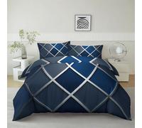Duvet Cover Super King Geometric Diamond Grid Soft Quilt Cover 260 x 220 cm, 3 Pcs Bedding Set Zipper Blue Breathable Microfiber Bedding for Teens Adults Bedspread