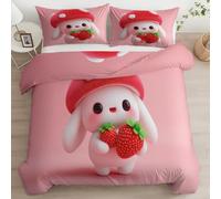 Duvet Cover Super King Microfiber Bedding Set, Cute Cartoon Bunny Strawberry Print Duvet Quilt Cover & Pillowcase With Zipper Closure, Super Soft Bedding Set for Adult Kids Teens, Pink