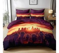 Duvet Cover Surrealism Los Angeles Sunset, Soft Bedding Duvet Cover Set 200x200cm With Zipper Closure, Wine Purple Reversible Design 3 Pieces 100% Microfiber With 2 Pillowcases