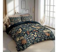 Duvet Cover Traditional Flowers And Birds William Morris Dark Blue Beige, Reversible Design - Easy Care & Washable Set With Zipper Closure With Pillow Cases Soft & Smooth, Super King Size 102" X 86"