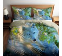 Duvet Cover White Wolf Snow Green Leaves Soft Microfibre Polyester Bedding Quilt Cover, King 230 x 220 cm with Pillow cases Bedding Set With Zipper Closure for All Season Bedding Set, Light Green