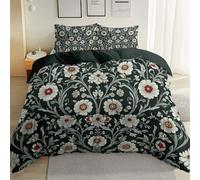 Duvet Cover William Morris Flowers Daisies theme print, Double Soft Comfy Microfiber Bedding Set 3pcs With Zipper Closure, Dark Green Reversible Duvet Covers with 2 Pillowcases