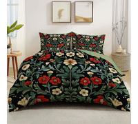 Duvet Cover William Morris style flowers 3 Pieces Sets Bedding, Reversible Soft 100% Microfiber green Set,with zipper Closure and 4 Corner Ties, 135 x 200 cm, Easy Care