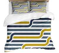 Duvet Covers Double Bed - 3 Pcs 3D Printed Blue White Yellow Curve Abstract Texture Lines Pattern Ultra Soft Microfiber Bedding Set 200X200Cm Double Quilt Cover Set With Zipper Closure & 2 Pillowc
