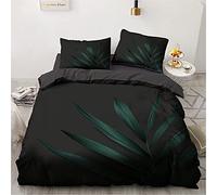 Duvet Covers Double Bed Black with Dark Green Leaves Pattern, Bedding Set 3Pcs Soft Microfiber Quilt Cover 78x78 Inch with Zipper Closure Ties 2 Pillowcase 19x29 Inch
