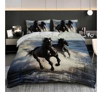 Duvet Covers King 91x87 inch Black Animal Horse Quilt Cover Warm Bedding Set 3PCS With Pillowcases, Ultra Soft Hypoallergenic Non Iron Microfiber Ocean Waves Duvet Cover with Zipper