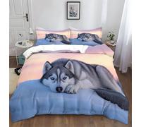 Duvet Covers Set Dog lying on rocks Husky Gray Printed Bedding Quilt Cover Set 3 Pieces Soft Microfiber Bedding Quilt Cover with Zipper Closure for Teens and Adults Double Size