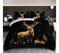 Duvet Covers Single 53x79 inch Gold Reindeer Gift Pattern Quilt Cover Warm Bedding Set 3PCS With Pillowcases, Ultra Soft Hypoallergenic Non Iron Microfiber Black Duvet Cover with Zipper