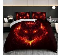 Duvet Covers Single 53x79 inch Red Flame Wolf Head Quilt Cover Warm Bedding Set 3PCS With Pillowcases, Ultra Soft Hypoallergenic Non Iron Microfiber Black Duvet Cover with Zipper