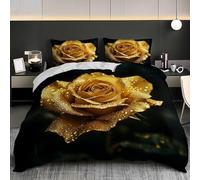 Duvet Covers Super King 102x87 inch Golden Rose Flowers Quilt Cover Warm Bedding Set 3PCS With Pillowcases, Ultra Soft Hypoallergenic Non Iron Microfiber Black Duvet Cover with Zipper