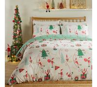 furn. Duvet Day Elfie Duvet Cover Set - Festive Reversible Bedding (Cream/Mint - Double)