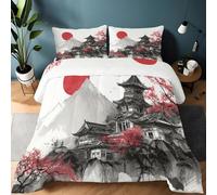 Duvet Japanese Architecture Ukiyo-E Retro Style Quilted Bedspreads 230 x 220 cm Coverless Duvet Microfiber Soft Warm Bed Quilt for All Seasons,Blanket Coverlet Microfiber Comforter Bed Throw Red