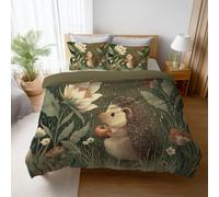 Duvet Quilt Cover Set Fade Resistant Long Lasting bedding set double bed even all the seasons Warm and Soft Double Cover Set 3 Pcs 220 x 240 cm Green Cartoon Animals Hedgehog