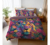Duvet Quilt Cover Set Fade Resistant Long Lasting bedding set double bed even all the seasons Warm and Soft Double Cover Set 2 Pcs 150 x 200 cm Purple Pink Eclectic Animal Lion