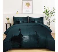 Duvet Set 3 Piece Modern Style Grid Viking Ship Ocean print Cosy and Lightweight Comforter Quilt, King Size Machine Washable Bedding Set - Dark Gray 220 x 240 cm Hypoallergenic Duvet for All Season